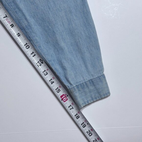 Vtg Christmas Stamps Denim Button Down Shirt Embroidered Holiday Festive Teacher - Picture 14 of 16